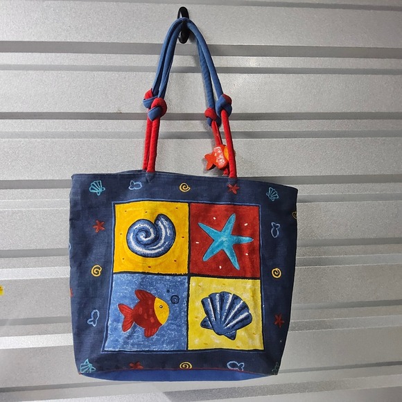 Sun and Sand Fish Large Tote Bag Novelty Nautical Beach Bag Purse Colorful - Picture 6 of 16